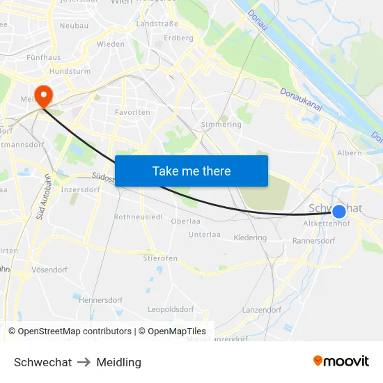 Schwechat to Meidling map
