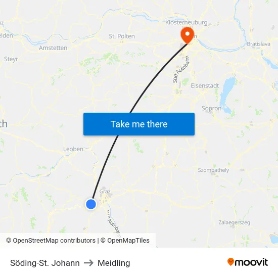 Söding-St. Johann to Meidling map