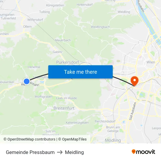 Gemeinde Pressbaum to Meidling map