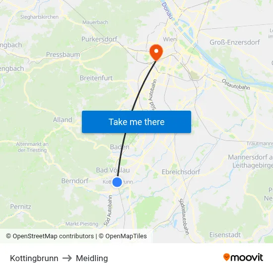 Kottingbrunn to Meidling map
