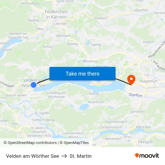 Velden am Wörther See to St. Martin map