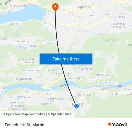 Ferlach to St. Martin map