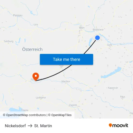 Nickelsdorf to St. Martin map