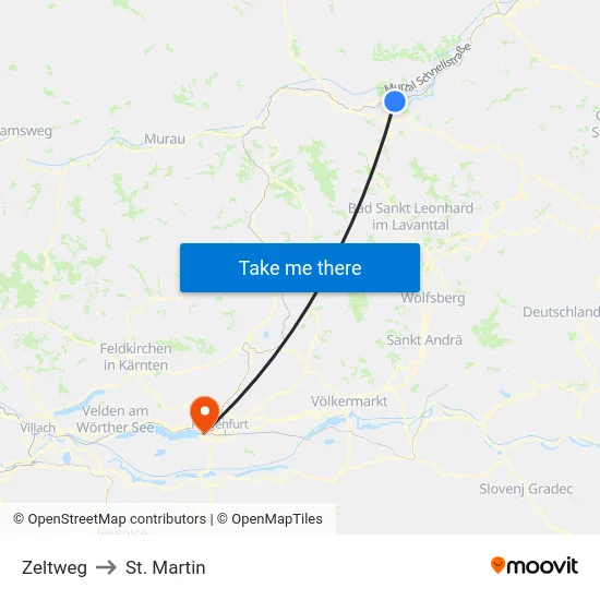 Zeltweg to St. Martin map