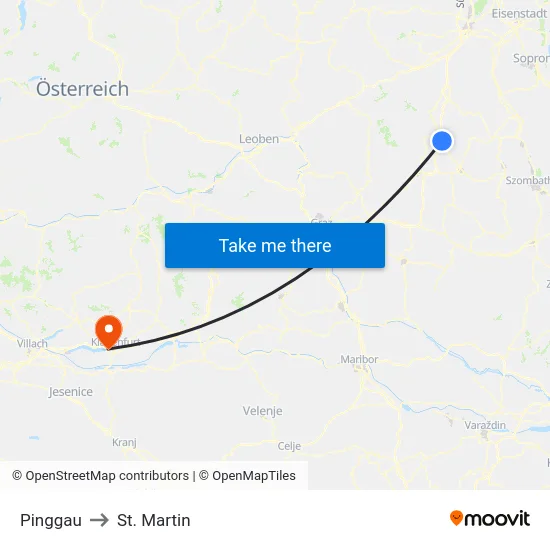 Pinggau to St. Martin map