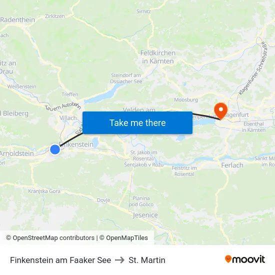Finkenstein am Faaker See to St. Martin map