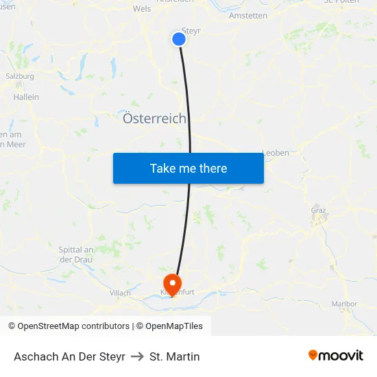 Aschach An Der Steyr to St. Martin map