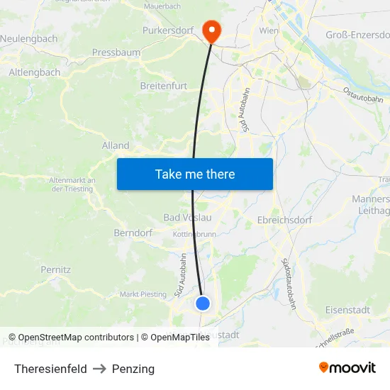 Theresienfeld to Penzing map