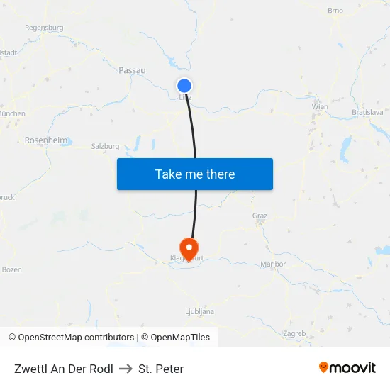 Zwettl An Der Rodl to St. Peter map