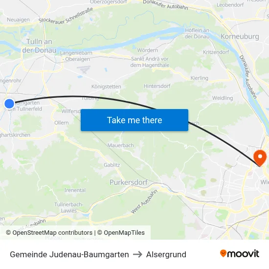 Gemeinde Judenau-Baumgarten to Alsergrund map