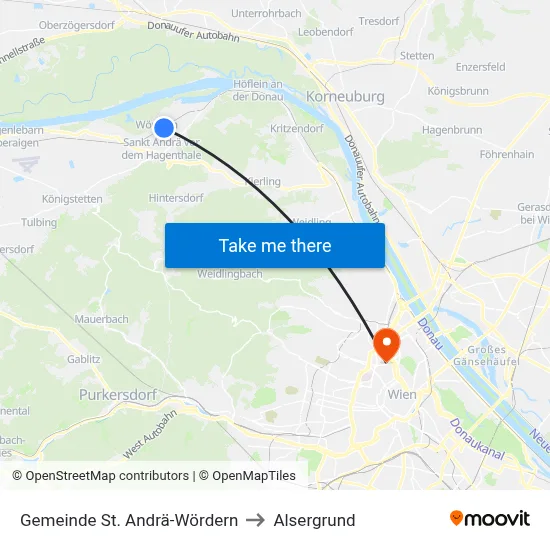Gemeinde St. Andrä-Wördern to Alsergrund map