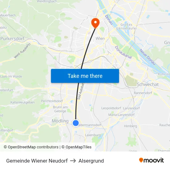 Gemeinde Wiener Neudorf to Alsergrund map