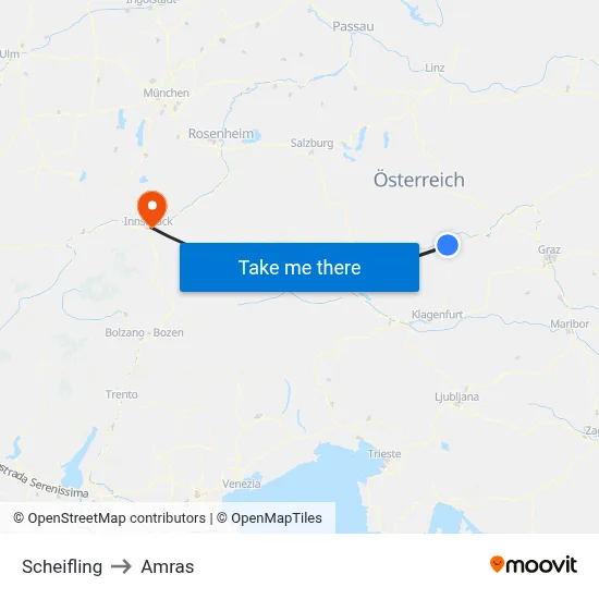 Scheifling to Amras map