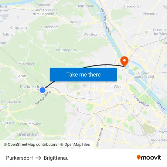 Purkersdorf to Brigittenau map
