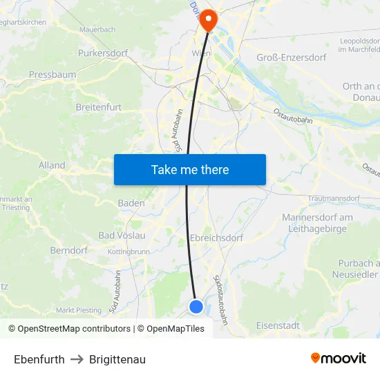 Ebenfurth to Brigittenau map