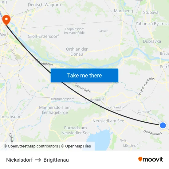 Nickelsdorf to Brigittenau map