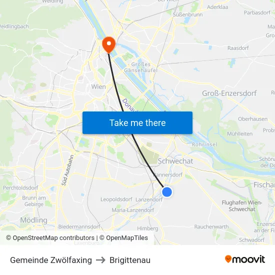 Gemeinde Zwölfaxing to Brigittenau map