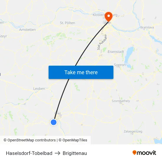 Haselsdorf-Tobelbad to Brigittenau map