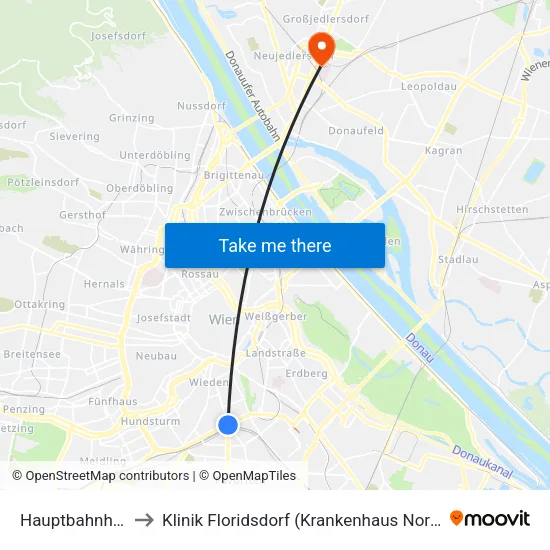 Hauptbahnhof to Klinik Floridsdorf (Krankenhaus Nord) map