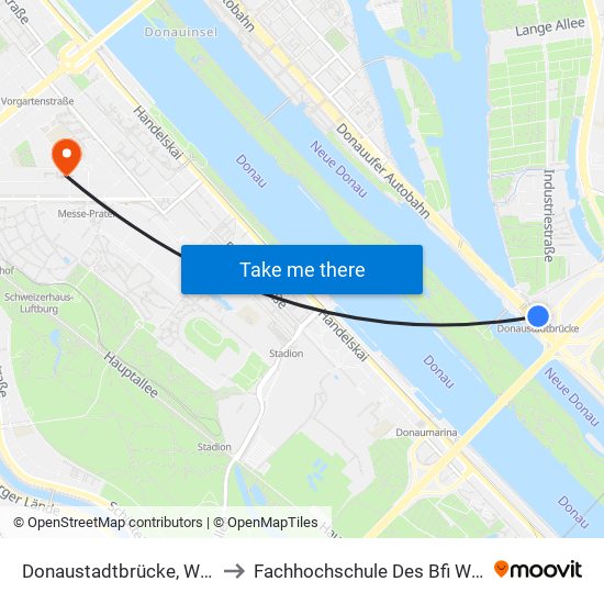 Donaustadtbrücke, Wien to Fachhochschule Des Bfi Wien map