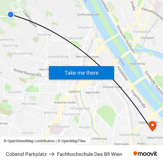 Cobenzl Parkplatz to Fachhochschule Des Bfi Wien map