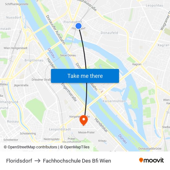 Floridsdorf to Fachhochschule Des Bfi Wien map