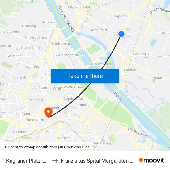 Kagraner Platz, Wien to Franziskus Spital Margareten Gmbh map