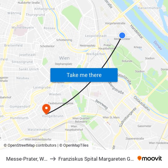 Messe-Prater, Wien to Franziskus Spital Margareten Gmbh map