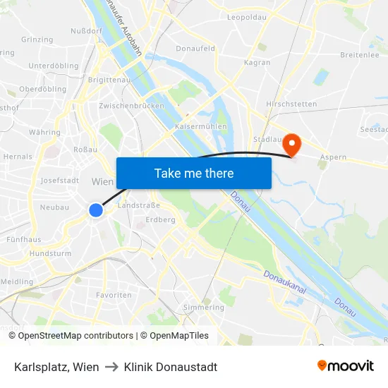 Karlsplatz, Wien to Klinik Donaustadt map