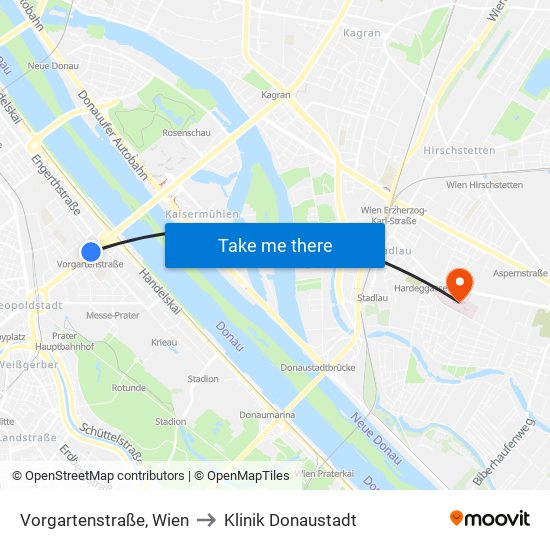 Vorgartenstraße, Wien to Klinik Donaustadt map
