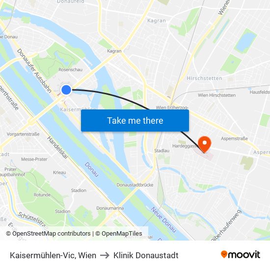 Kaisermühlen-Vic, Wien to Klinik Donaustadt map