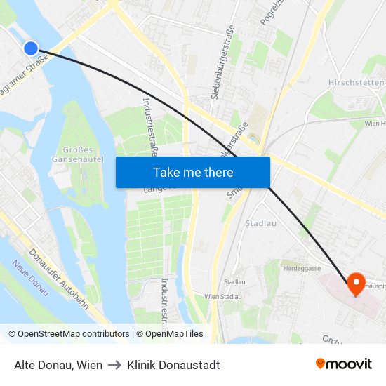 Alte Donau, Wien to Klinik Donaustadt map