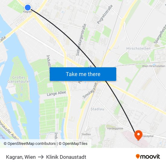 Kagran, Wien to Klinik Donaustadt map