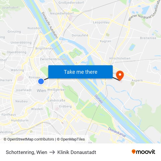 Schottenring, Wien to Klinik Donaustadt map
