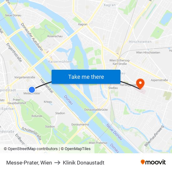 Messe-Prater, Wien to Klinik Donaustadt map