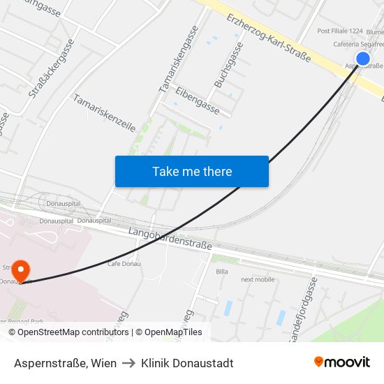 Aspernstraße, Wien to Klinik Donaustadt map