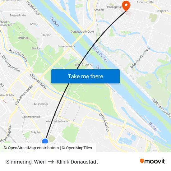 Simmering, Wien to Klinik Donaustadt map