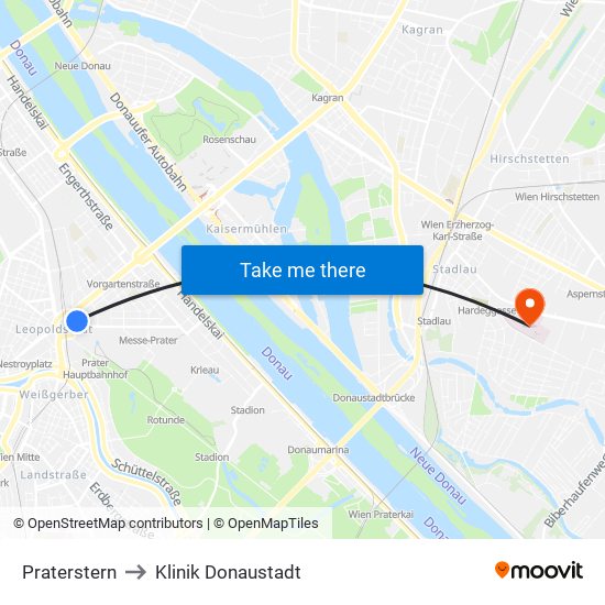 Praterstern to Klinik Donaustadt map