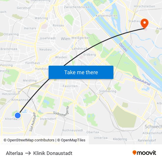 Alterlaa to Klinik Donaustadt map