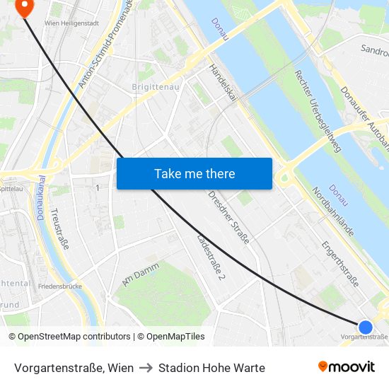 Vorgartenstraße, Wien to Stadion Hohe Warte map