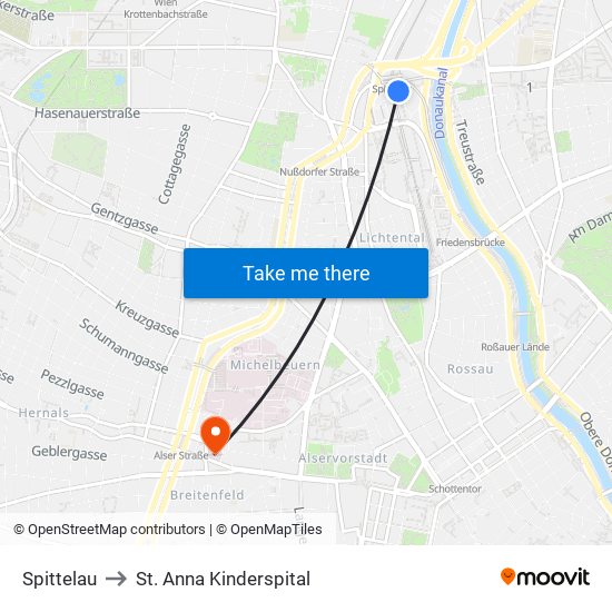 Spittelau to St. Anna Kinderspital map