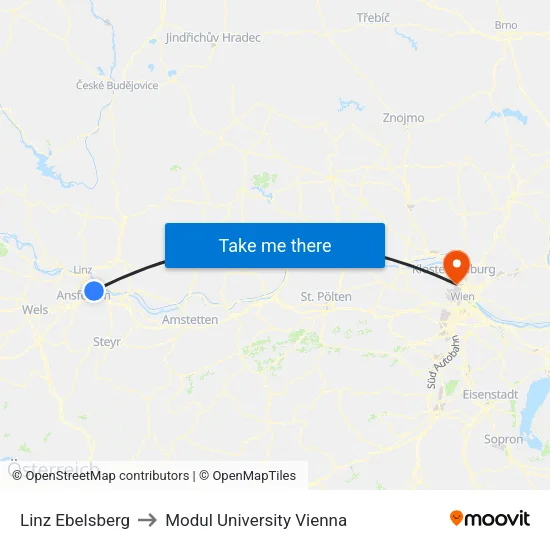 Linz Ebelsberg to Modul University Vienna map