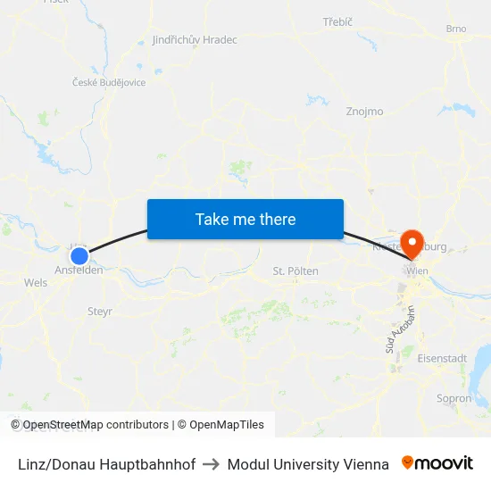 Linz/Donau Hauptbahnhof to Modul University Vienna map