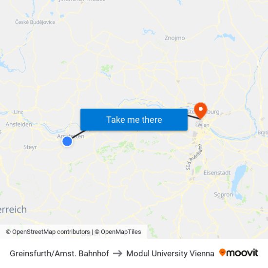 Greinsfurth/Amst. Bahnhof to Modul University Vienna map