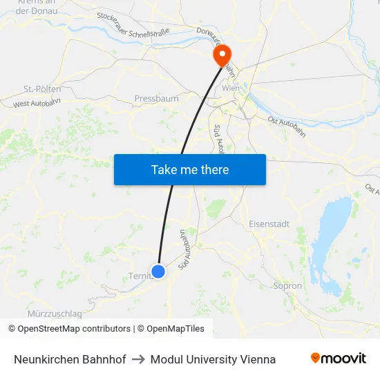 Neunkirchen Bahnhof to Modul University Vienna map