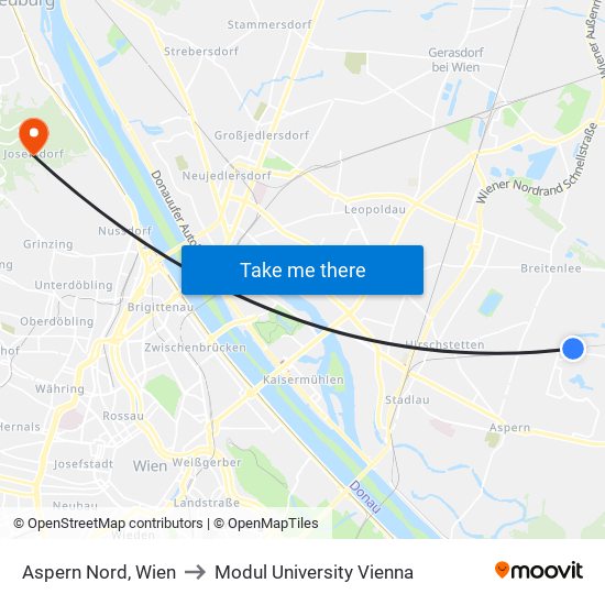 Aspern Nord, Wien to Modul University Vienna map