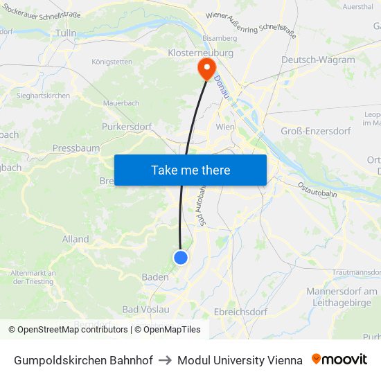 Gumpoldskirchen Bahnhof to Modul University Vienna map