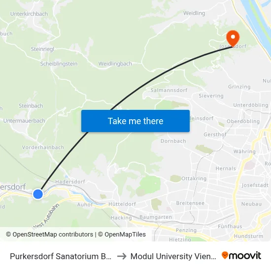 Purkersdorf Sanatorium Bhf. to Modul University Vienna map