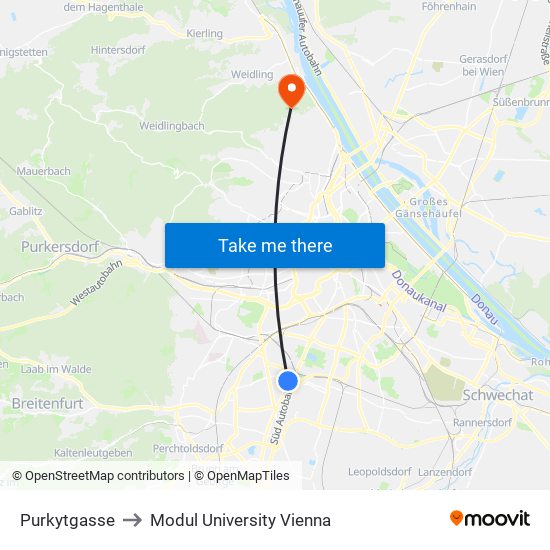 Purkytgasse to Modul University Vienna map