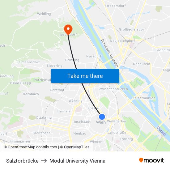 Salztorbrücke to Modul University Vienna map